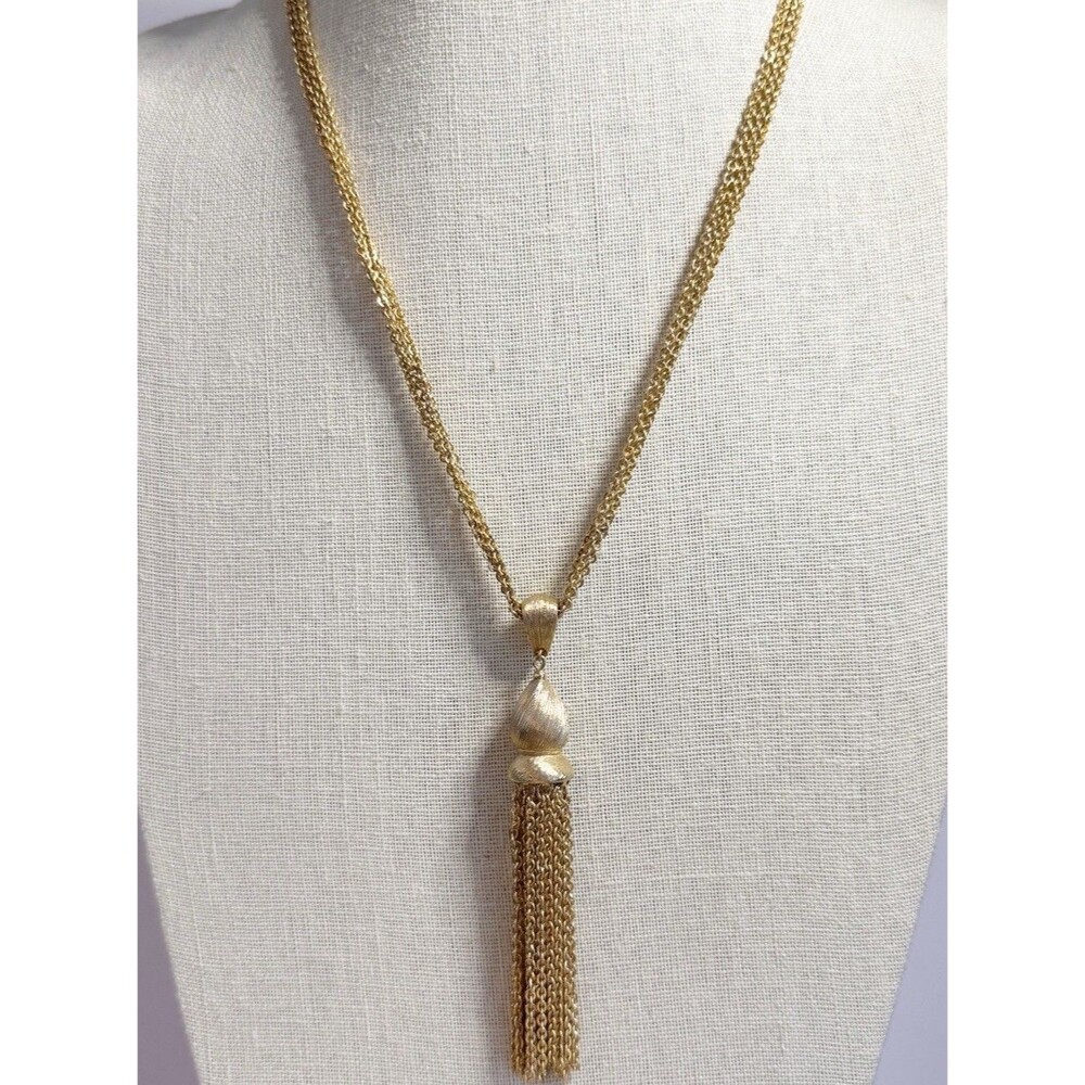 Monet Vintage Brushed Gold Tone Tassel Matinee Necklace Multi Chain Box Clasp